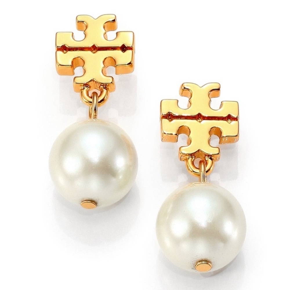 NWT, Authentic, Tory Burch Logo Faux Pearl Drop Earrings